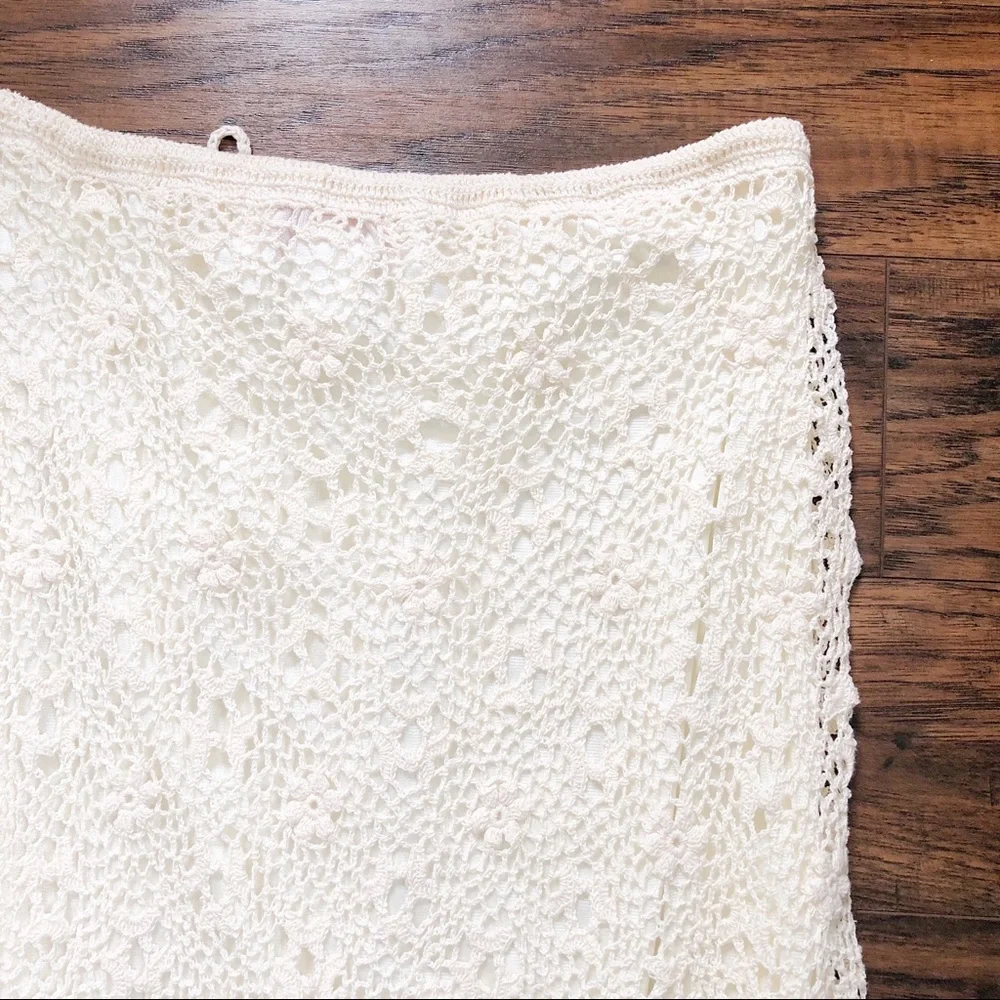 SOLD Rene Derhy • vintage crocheted skirt lace knit drawstring waist midi cream - Picture 11 of 14
